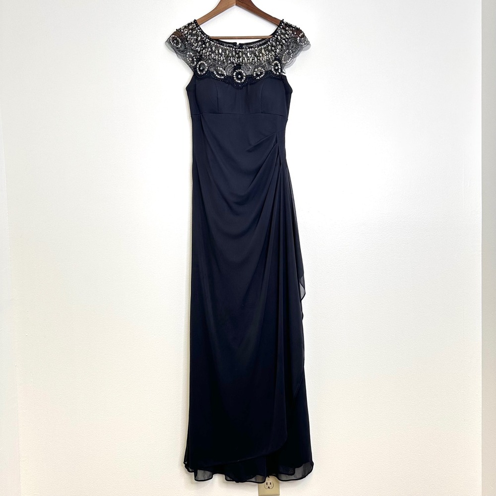 Xscape Beaded Yoke Illusion Neck Ruched Cascade Ruffle Side Gown Black Size 4